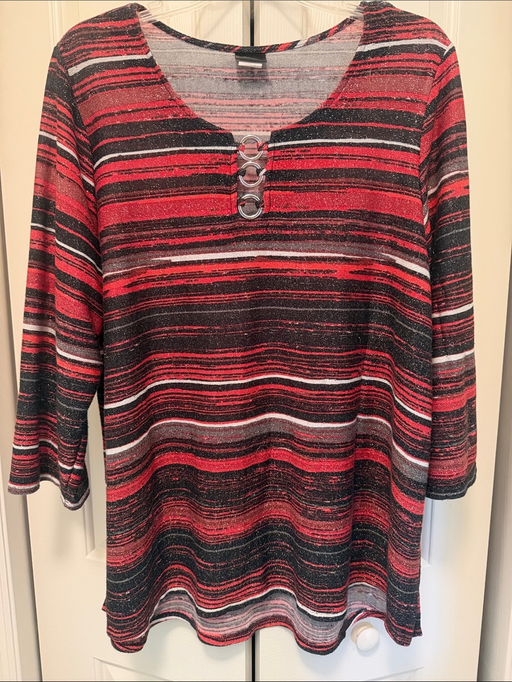 Women’s Striped Scoop Neck Tunic with Decorative Ring Detail - Red & Black